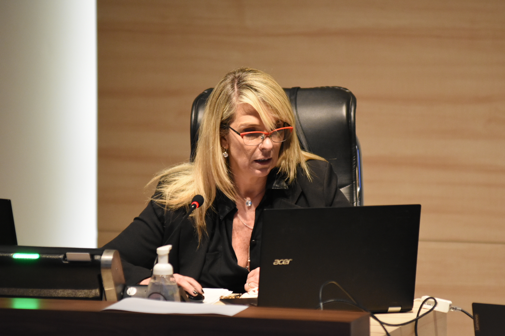 La presidenta María Eugenia Schmuck presidiendo la sesión virtual con su computadora desde el recinto