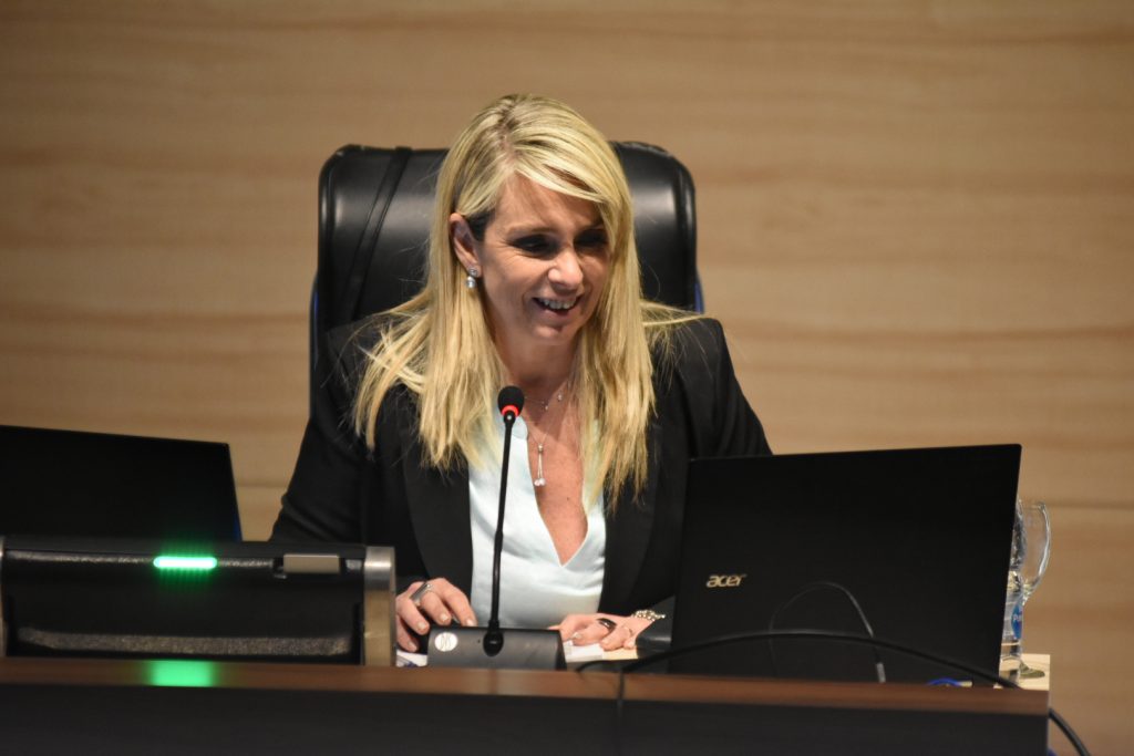 La presidenta María Eugenia Shmuck al frente de la sesión virtual del 28 de octubre desde el recinto de sesiones